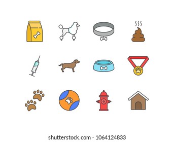 Dog flat line colored icons set with food, poodle, collar, poo, vaccination, dachshund, bowl, award, paw print, toy ball, fire hydrant, house.