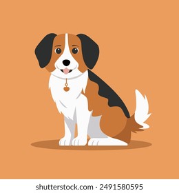 Dog flat vector illustration. Sitting spotted dog with white, brown and black spots. Minimalistic modern style