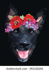 Dog with a floral crown made out of poppies and forget me nots, colorful low poly design isolated on dark background. Animal portrait card.