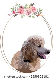 dog in floral frame with pink and green color