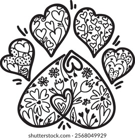 Dog floral vector, dog's paw with hearts and flowers in line art, cute dog vector image