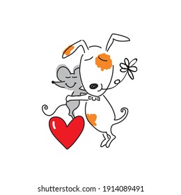 A dog with a flower in its mouth and a mouse hug.