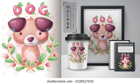 Dog in flower poster and merchandising.