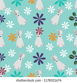 Dog and flowers  cartoon seamless pattern