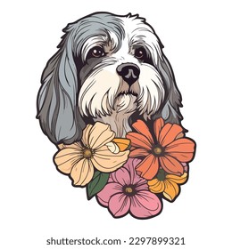 Dog In Flowers Flat Icon Isolated On White Background