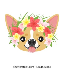 Dog with flowers flat illustration. Cute chihuahua puppy in floral wreath isolated on white background. Adorable chi doggy cartoon vector character. Chic element for t shirt print, sticker design