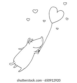 dog flying with a balloon heart