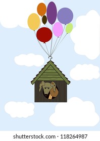 A Dog Flying In A Doghouse In Balloons