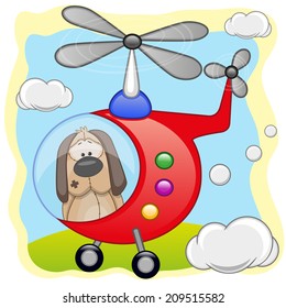 Dog is flying in a helicopter 