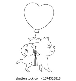 A dog flying on a balloon in the shape of a heart. Black and white vector linear illustration. Cute image for coloring book, stencil, design, prints.