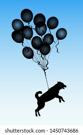 Dog flying on balloons. Funny vector illustration with silhouette of animal in sky. Blue pastel background
