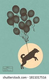 Dog flying on balloons. Isolated silhouette of animal. Greeting card