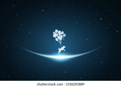 Dog flying on balloons in space. Vector conceptual illustration with white silhouette of animal in sky. Flight in dream. Blue abstract background with stars and glowing outline