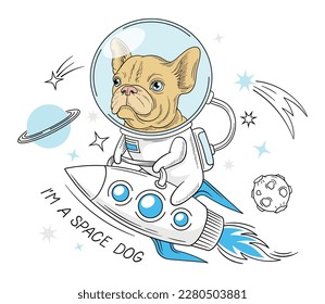 Dog flying on rocket. Pet in space suit at spaceship with text I space animal. Character at backdrop of planets and stars. Template for printing on kids clothing. Cartoon flat vector illustration