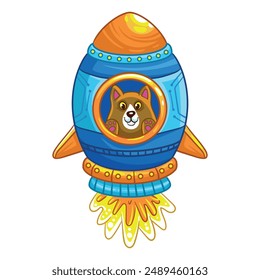 Dog in a flying rocket. Funny children's cartoon illustration on a white background.