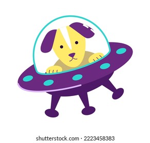 Dog in flying spaceship icon. Vector illustration