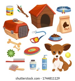 Dog food, accessories, toys set. Puppy grooming, caring, keeping products. Pet bowl, collar, leash, bone, shampoo, comb, canned goods, kennel. Vector supplies for dogs isolated on white background.