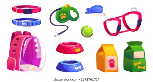 Dog food, animal toy and cat bowl for pet shop interior. Plate to feed puppy, carrier element, ball and mouse trade in petshop supermarket isolated icon set. Retail business illustration design