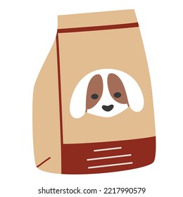 Dog food bag icon, doodle package of dry dog food, vector illustration of pet shop product, dog care concept, isolated colored clipart on white background