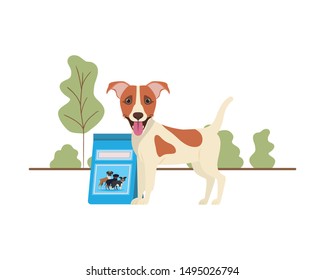 dog with dog food bag on landscape