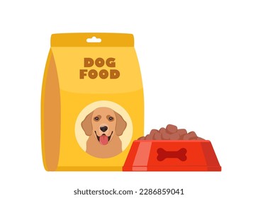 Comida de perro, paquete de bolsos y tazón de comida seca completa. Comida de mascotas. Ilustración del vector