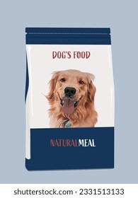 Dog food bag or package vector. With the face of a golden dog on the cover