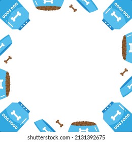 Dog food blue bowls and packages vector square frame, border.
