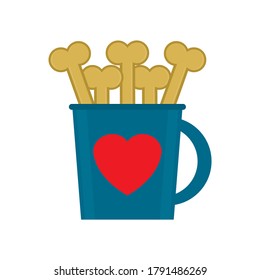Dog food with bones in a mug with a heart. Isolated vector illustration, icon on white background.