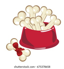 Dog food bowl with bones isolated on a white background. Vector cartoon close-up illustration.