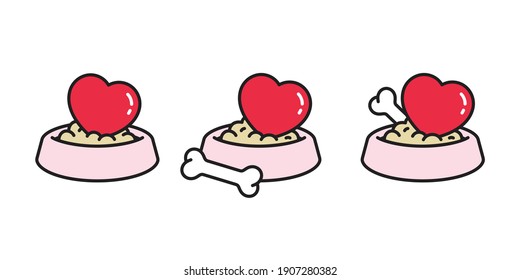 Dog food bowl heart valentine vector icon bone french bulldog cartoon illustration design