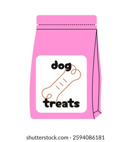 Dog food. Cartoon feed for dogs in bag package, domestic animal dry meal packaging design with line bone icon, doggy treats for pet shops. Vector isolated illustration