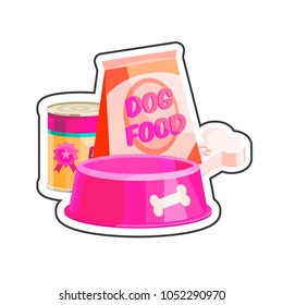 Dog food cartoon retro composition sticker vector illustration for pet shop