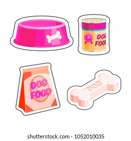 Dog food cartoon retro set sticker vector illustration for pet shop
