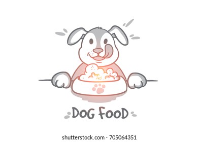 Dog food concept. Hand drawn hungry dog behind a big mound of food. Pet eating food isolated vector illustration.