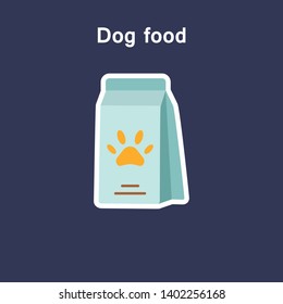 Dog food flat icon sticker, vector illustration for web and mobile applications website print media. Pet food bag with paw sign on it. Dog meal symbols. Isolated on white background