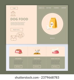 Plantilla del sitio web de la página de inicio plana de comida para perros. Cuenco de perro, jaula de perro, hueso para perro. Banner web con encabezado, contenido y pie de página. Ilustración vectorial.