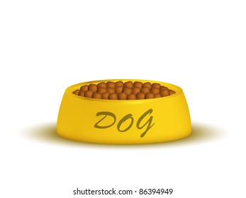 A dog food in a golden bowl