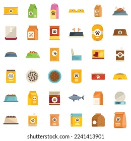 Dog food icons set flat vector. Animal pet. Package bag isolated