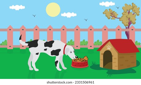 Dog Food Illustration with Pet Dog Eating Bone from Bowl in the Garden Area Near Dog House