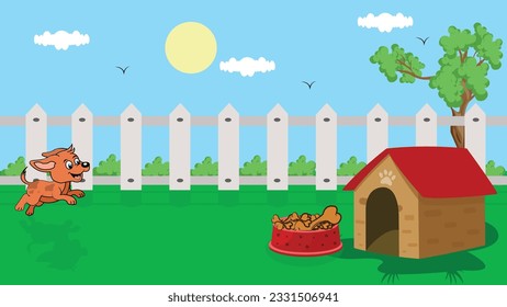 Dog Food Illustration with Pet Pully Running for Bone Kept in Bowl Near Dog House
