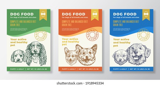 Dog Food Label Templates Set. Abstract Vector Packaging Design Layouts Collection. Typography Banners with Hand Drawn Spaniel, Corgy and Retreiver Puppy and Adult Sketch Faces Background. Isolated.