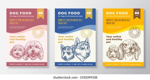 Dog Food Label Templates Set. Abstract Vector Packaging Design Layouts Collection. Typography Banners with Hand Drawn Cockapoo, Husky and Beagle Puppy and Adult Sketch Faces Background. Isolated.