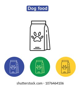 Dog food line icon vector illustration for web and mobile applications website print media. Pet food bag with paw sign on it. Dog meal symbols in colorful circles. Isolated on white background