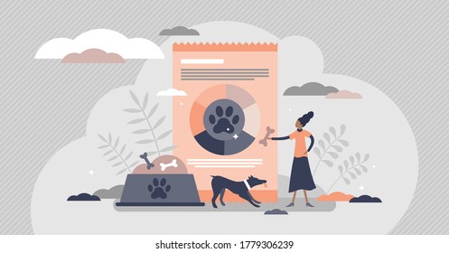 Dog food meal with bones and tasty nutrients eating flat tiny persons concept. Domestic pets diet with delicious and healthy ingredients served in bowl from owner to hungry puppy vector illustration.