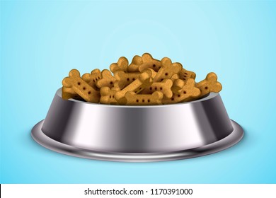 Comida de perro en tazón de metal sobre fondo azul en 3d ilustración