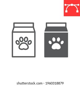 Dog food pack line and glyph icon, pet shop and animal paw print, pet food vector icon, vector graphics, editable stroke outline sign, eps 10