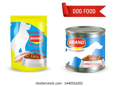 Dog Food Package Mockup Set, Vector Realistic Illustration Isolated On White Background. Stand Up Foil Pouch Bag And Metal Can For Pet Food Packaging.