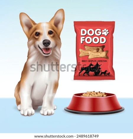 Dog food packaging design.illustration vector.Dog eating food from bowl.