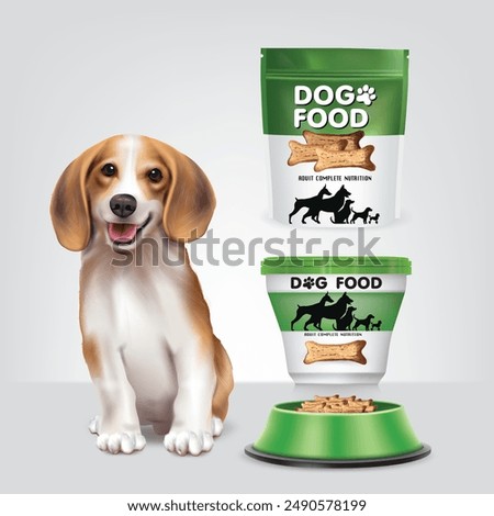 Dog food packaging design.illustration vector.Dog eating food from bowl.