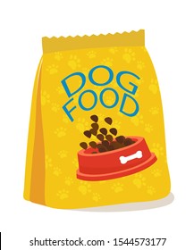 Dog food packaging flat vector illustration. Pet shop, store product. Healthy dry nutrition, delicious snack for puppies. Nutrient canine feed in yellow plastic bag isolated on white background